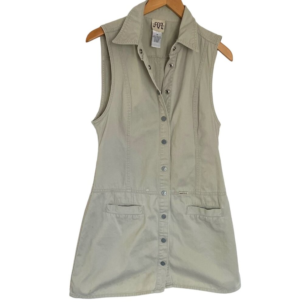 Vintage 90s Y2K Squeeze Wear Jeans Cargo Mini Shirt Dress M Tan Khaki Grunge